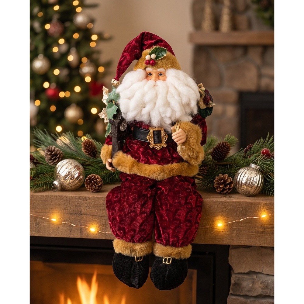 Vintage Sitting Santa Claus Shelf Sitter Burgundy Velvet Plush Christmas 23"